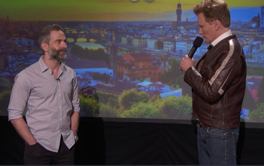 Jordan Schlansky and Conan O'Brien during a QnA session during Conan Without Borders