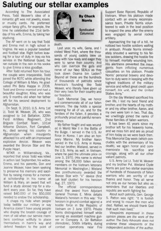 Chuck Norris talks about his father's military career in a news article on the The Daily Advocate on June 2, 2011